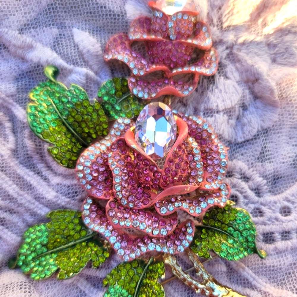 🌷Huge ROSE Brooch Pin Austrian Crystals